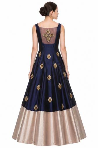 Navy blue silk sleevless embroidered gown