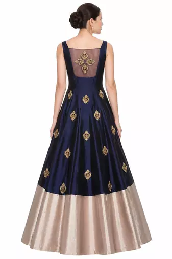 Navy blue silk sleevless embroidered gown