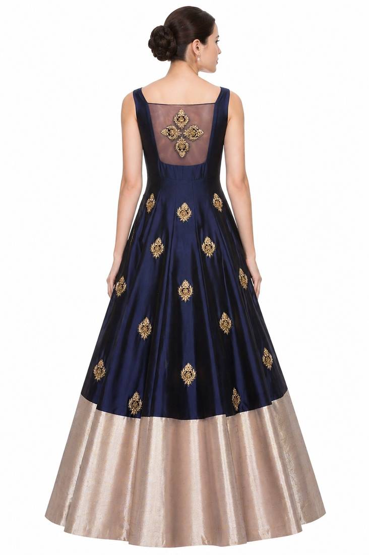 Navy blue silk sleevless embroidered gown