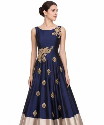 Navy blue silk sleevless embroidered gown 2