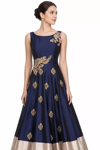 Navy blue silk sleevless embroidered gown