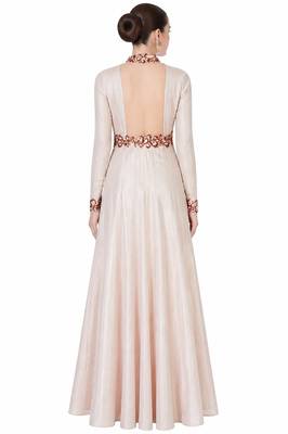 Beige crape silk full sleeve embroidered gown 2