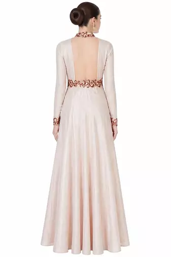 Beige crape silk full sleeve embroidered gown