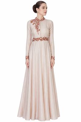 Beige crape silk full sleeve embroidered gown 1