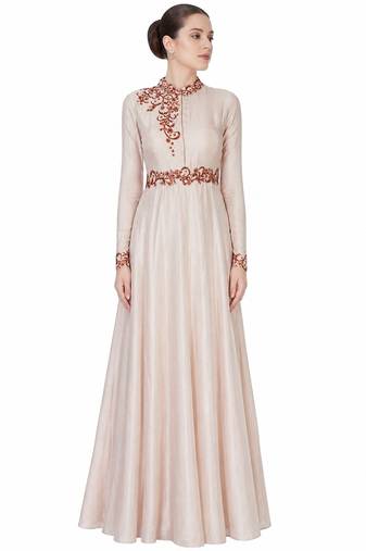 Beige crape silk full sleeve embroidered gown