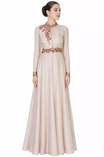 Beige crape silk full sleeve embroidered gown