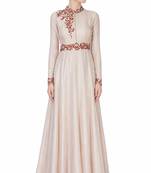 Beige crape silk full sleeve embroidered gown