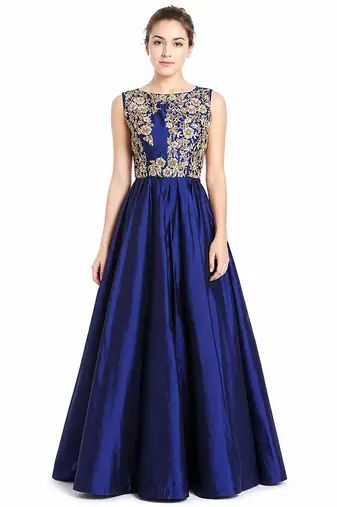 Navy blue silk sleevless embroidered gown