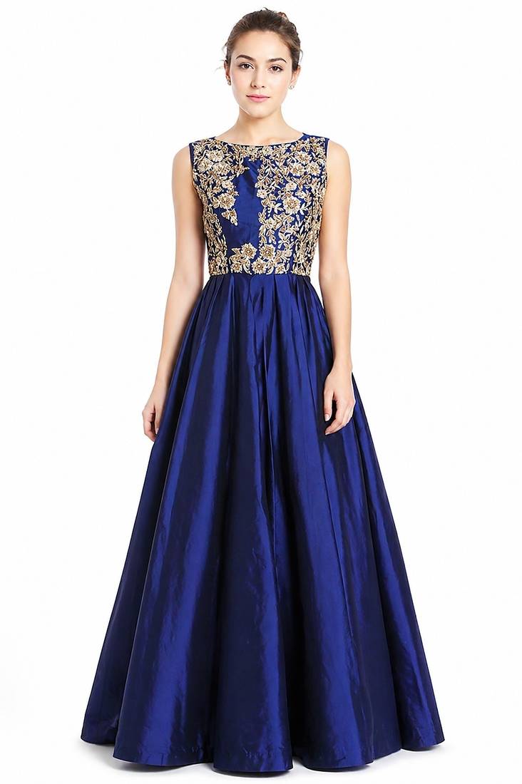 Navy blue silk sleevless embroidered gown