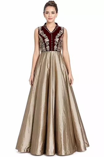 Golden silk sleevless embroidered gown