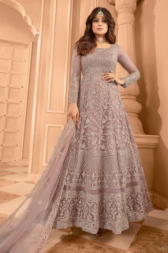 Mauve embroidered net semi-stitched anarkali suit
