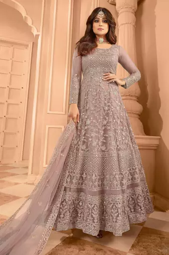 Mauve embroidered net semi-stitched anarkali suit