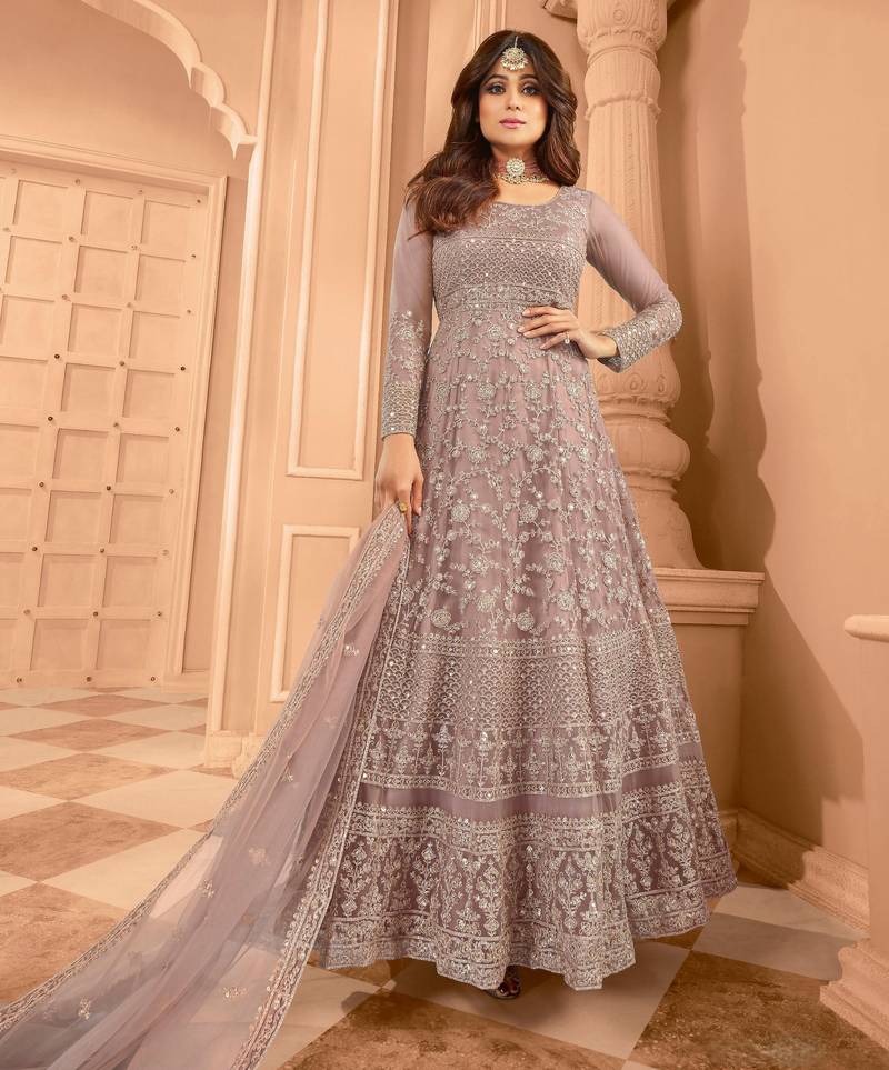 Mauve embroidered net semi-stitched anarkali suit