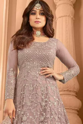Mauve embroidered net anarkali suit