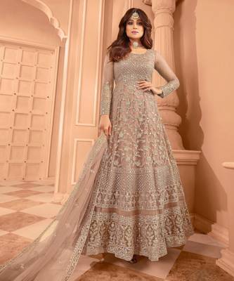 Beige embroidered net anarkali suit 1