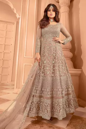 Beige embroidered net semi-stitched anarkali suit