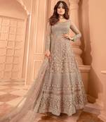 Beige embroidered net semi-stitched anarkali suit