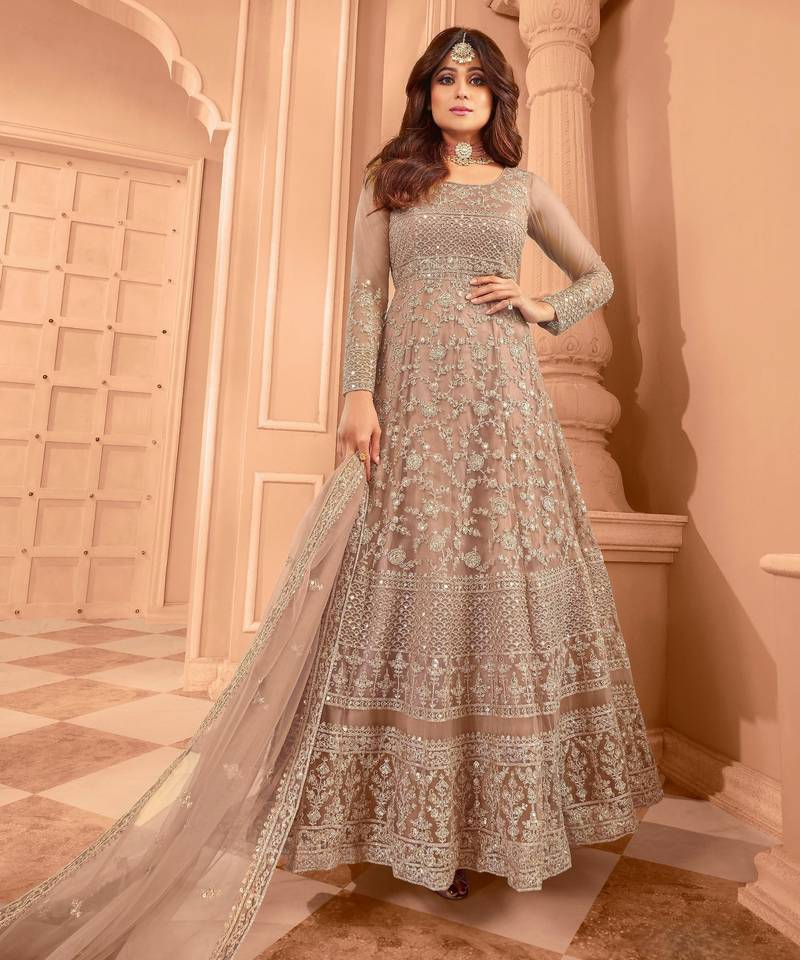 Beige embroidered net semi-stitched anarkali suit