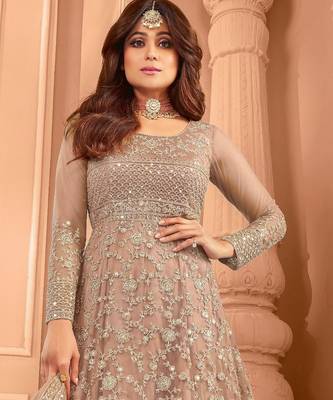 Beige embroidered net anarkali suit 2