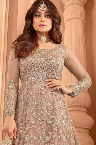 Beige embroidered net anarkali suit