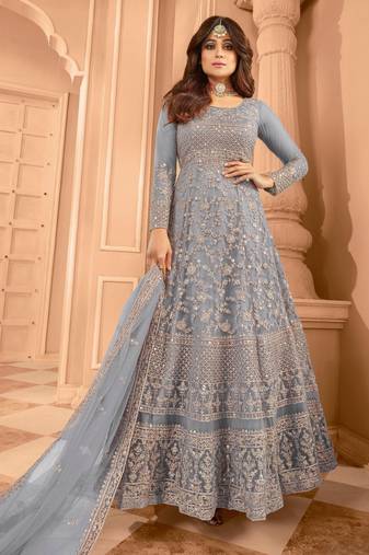 Blue embroidered net semi-stitched anarkali suit