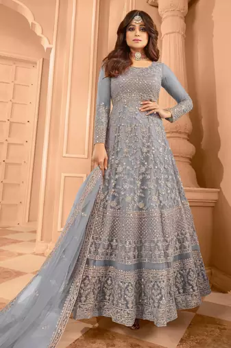 Blue embroidered net semi-stitched anarkali suit
