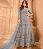 Blue embroidered net anarkali suit