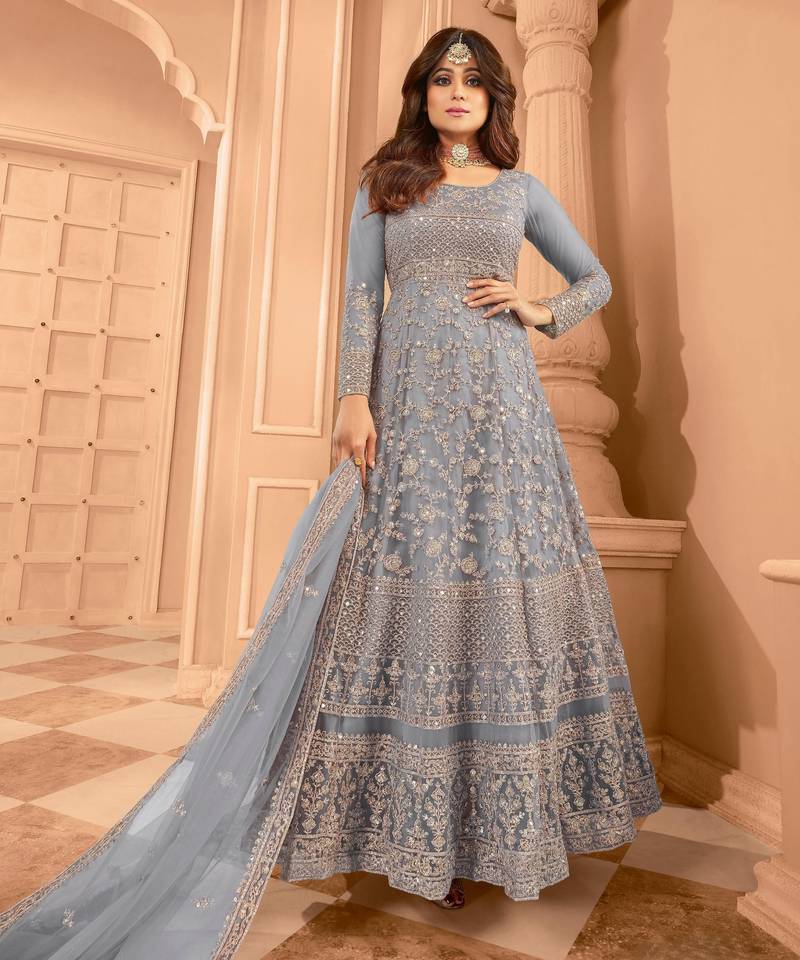 Blue embroidered net semi-stitched anarkali suit