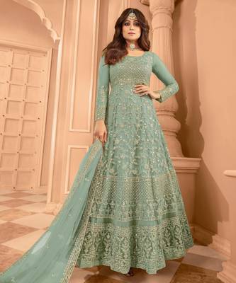 Green embroidered net anarkali suit 1