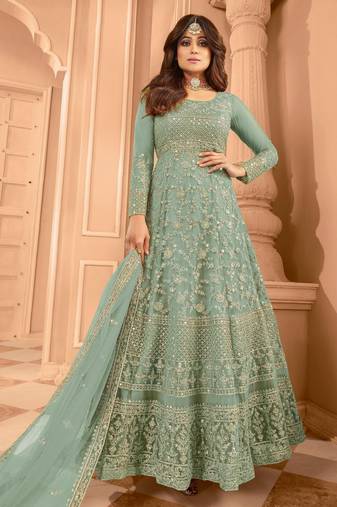 Green embroidered net semi-stitched anarkali suit