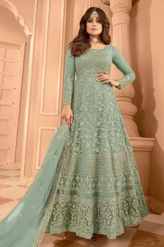Green embroidered net semi-stitched anarkali suit