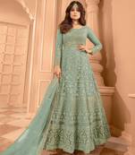 Green embroidered net semi-stitched anarkali suit