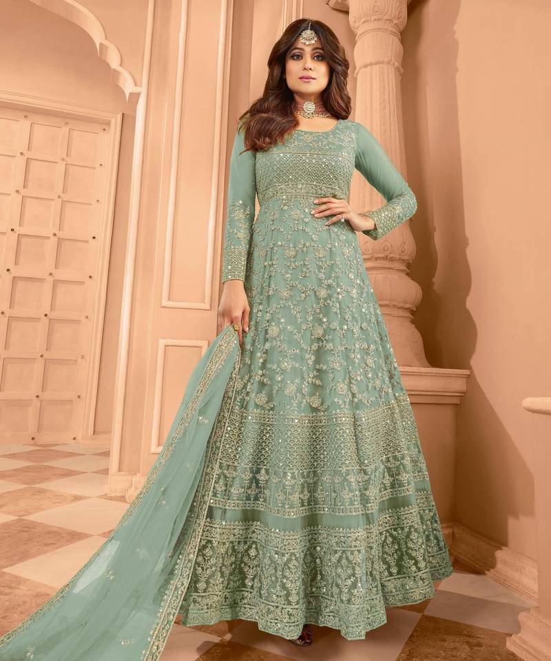 Green embroidered net semi-stitched anarkali suit