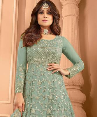 Green embroidered net anarkali suit 2