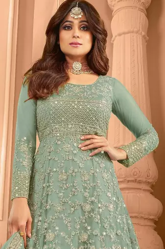 Green embroidered net anarkali suit