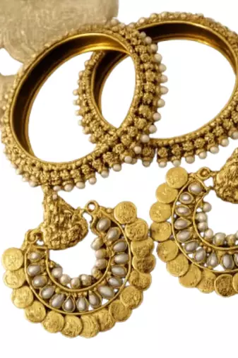 Ram Leela Pearl Earrings with Gold Plated Pearl Bangles