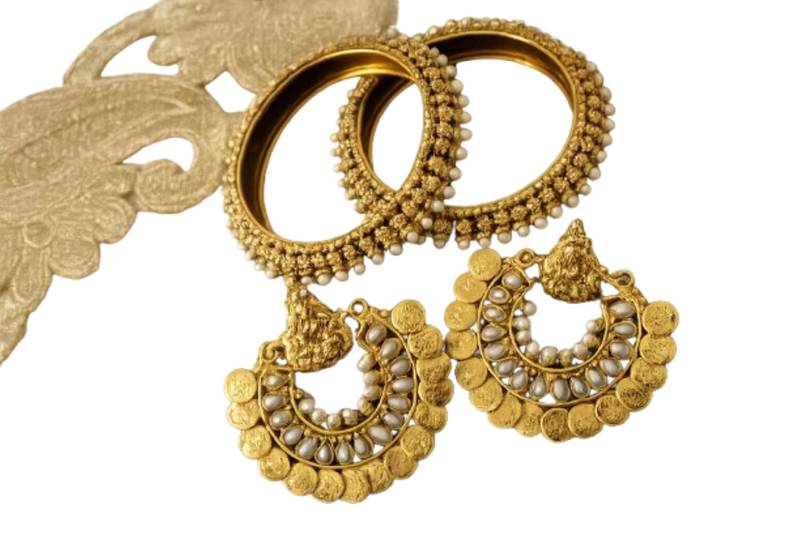 Ram Leela Pearl Earrings with Gold Plated Pearl Bangles