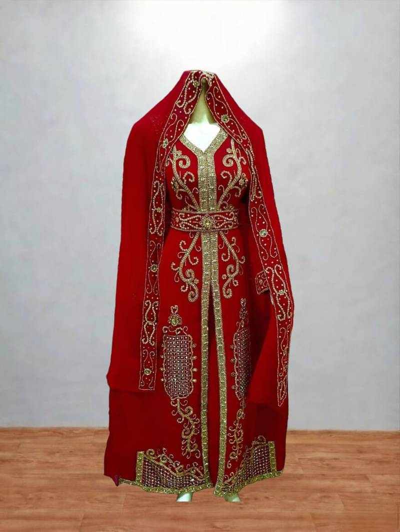 Red Gold Embroidered Moroccan Bridal Kaftan