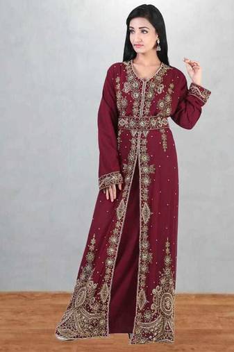 Maroon Embroidered Georgette Moroccan Kaftan with Hand-Beaded Belt