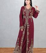 Maroon Embroidered Georgette Moroccan Kaftan with Hand-Beaded Belt