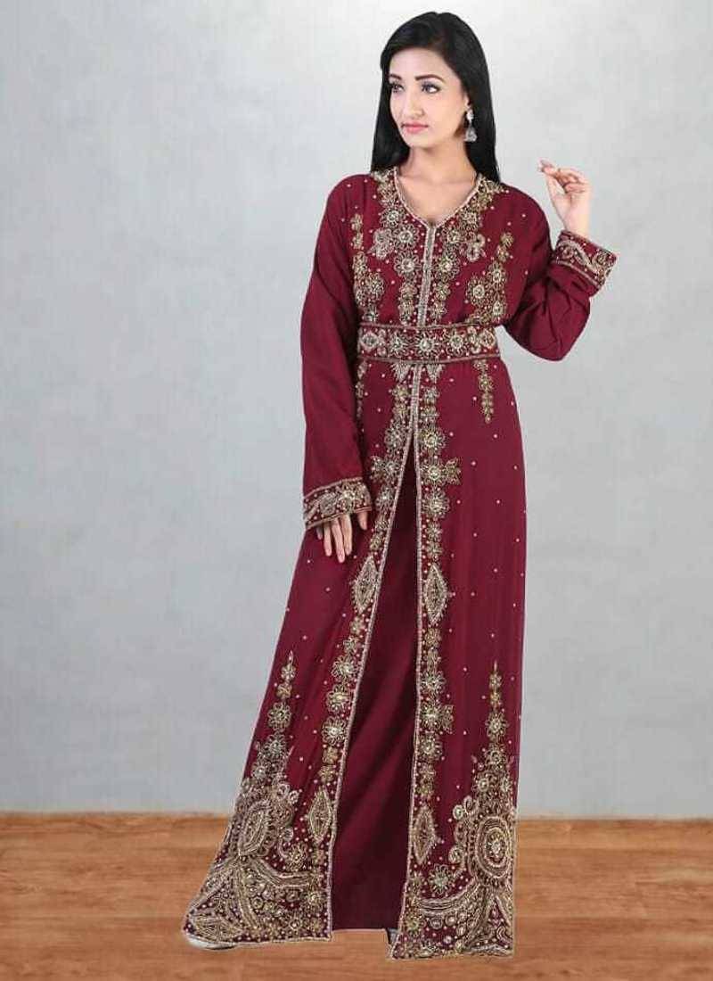 Maroon Embroidered Georgette Moroccan Kaftan with Hand-Beaded Belt