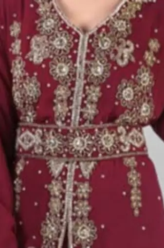 Maroon Embroidered Georgette Moroccan Kaftan with Hand-Beaded Belt
