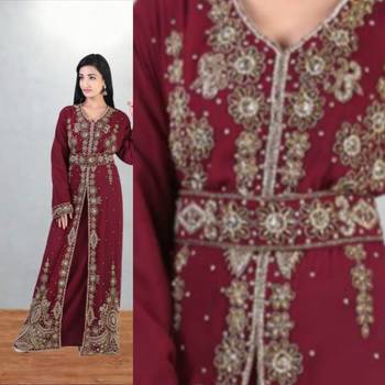 Maroon Embroidered Georgette Moroccan Kaftan with Hand-Beaded Belt 3