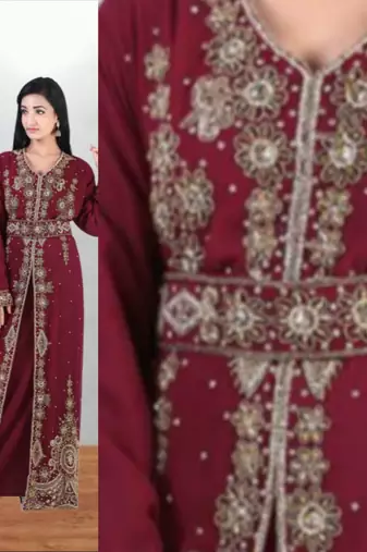 Maroon Embroidered Georgette Moroccan Kaftan with Hand-Beaded Belt