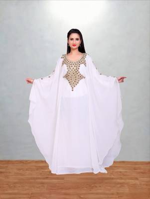 Pristine White Hand-Embroidered Georgette Butterfly Kaftan 1