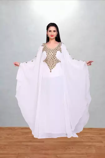 Pristine White Hand-Embroidered Georgette Butterfly Kaftan