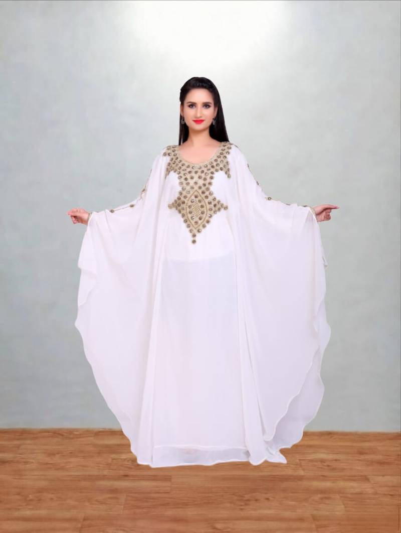 Pristine White Hand-Embroidered Georgette Butterfly Kaftan