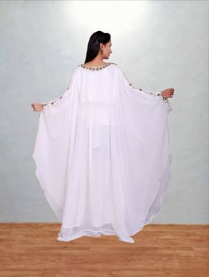 Pristine White Hand-Embroidered Georgette Butterfly Kaftan 2