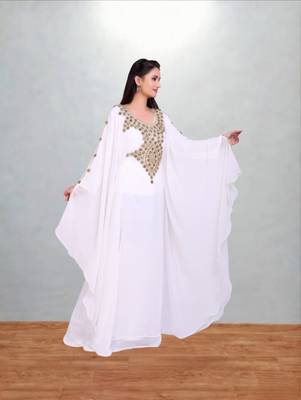 Pristine White Hand-Embroidered Georgette Butterfly Kaftan 3