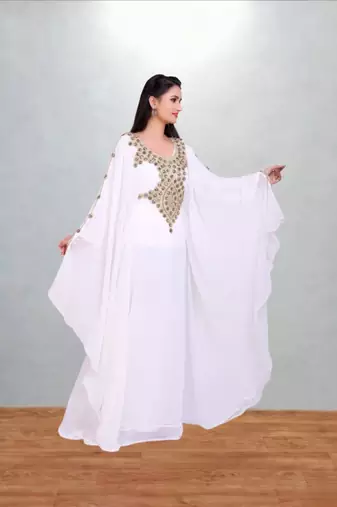Pristine White Hand-Embroidered Georgette Butterfly Kaftan